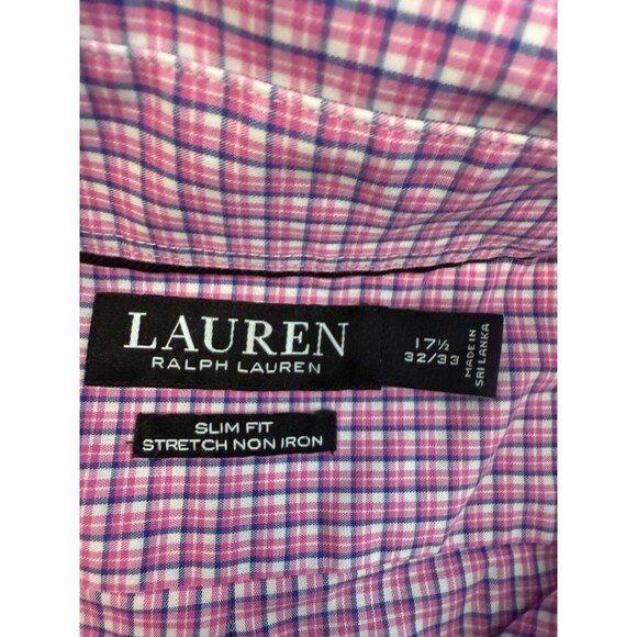 Lauren Ralph Lauren Shirt Mens 17.5 32/33 Pink Plaid Slim Fit Stretch Non-Iron - Picture 2 of 9
